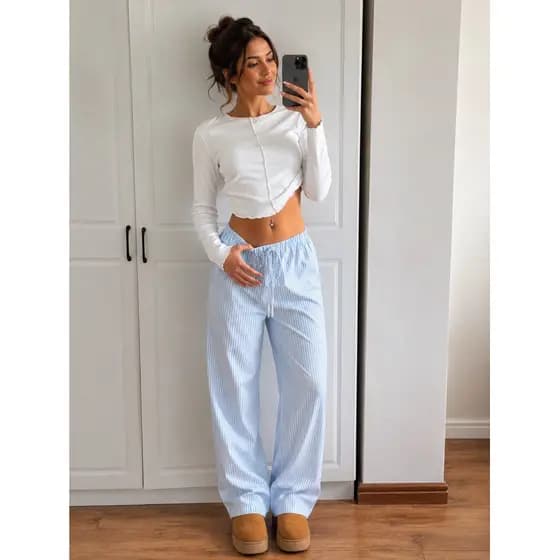 Calça Casual Feminina Perna Larga Listrada Azul para Ir ao Trabalho