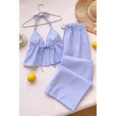 Conjunto Cropped Regata Feminina Casual com Pescoço em Halter e Amarração Nas Costas Cropeed
