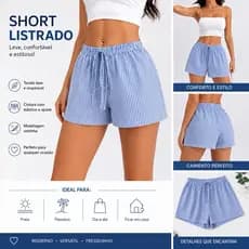 Short Feminino Listrado Azul e Branco Cintura Alta com Amarração Casual Verão Moda Blogueira
