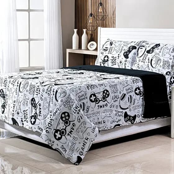 Edredom Casal Dupla Face + 02 Fronhas Dupla Face com Zíper Estampa Game Decoração para Quarto Gamer