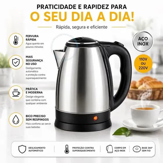Chaleira Elétrica Inox 2,0L Potente Aquecimento Rápido com Auto Desligamento Cafeteira Chá 110v 220v