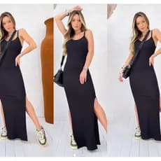 Vestido Mídi Feminino Casual Elegante Ribana Canelado Justo de alça com fenda básico
