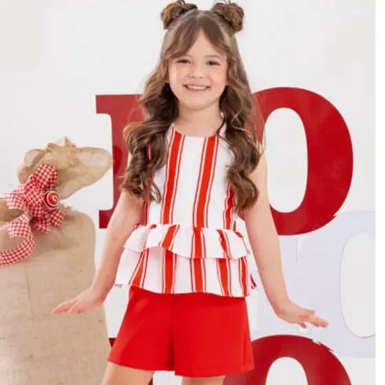 Conjunto Infantil Feminino Natal Menina Moda Verão Blusa Listrada com Babados + Short Vermelho - Roupa Infantil Festiva