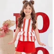 Conjunto Infantil Feminino Natal Menina Moda Verão Blusa Listrada com Babados + Short Vermelho - Roupa Infantil Festiva