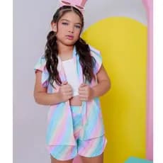 Conjunto Infantil Feminino Verão – Listrado Candy Color  Short blusa colorida estampada menina blogueirinha