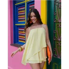 Conjunto Feminino assimetrico Moda Verão Leve Confortável Crepe Duna  Regata e Short casual elegante