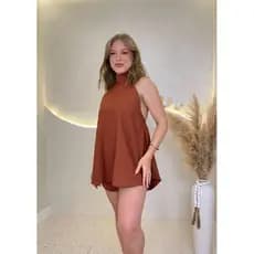 conjunto estilo macaquinho Feminino Preto marrom Curto Elegante Casual Luxo Tendência casual chic moda verão gola alta