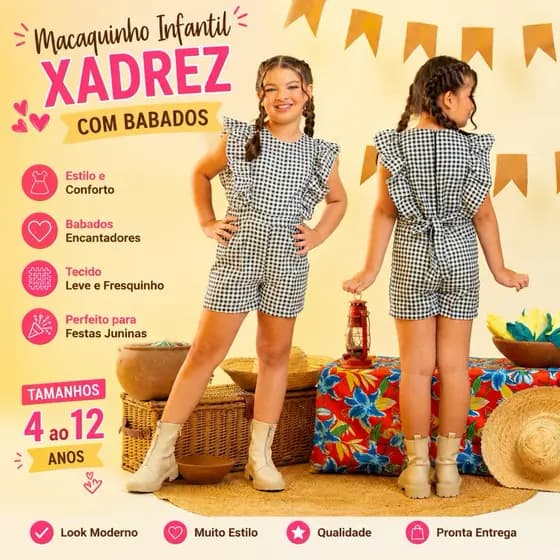 Macaquinho Infantil Xadrez Menina Babado Look Junino Festa Confortável TAM 4 ao 1