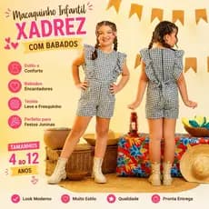Macaquinho Infantil Xadrez Menina Babado Look Junino Festa Confortável TAM 4 ao 1