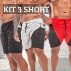 Kit 3 Bermuda masculina 2 em 1 - Short academia dupla com bolso interno