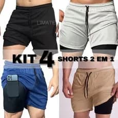 KIT 4 BERMUDAS 2 EM 1 SHORT TREINO ACADEMIA COM BOLSO PARA CELULAR