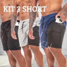 KIT 3 BERMUDA MASCULINA, SHORT ACADEMIA COM BOLSO PARA CELULAR