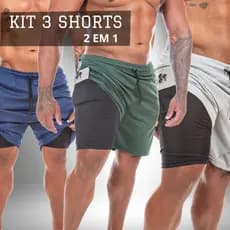 KIT 3 BERMUDA MASCULINA DUPLA COM BOLSO - SHORT 2 EM 1 COM BOLSO PARA CELULAR TREINO ACADEMIA