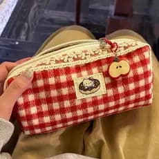 Estojo De Lápis De Grande Capacidade Xadrez Vermelho Fofo Apple Cat Pen Case Caixa De Armazenamento Bolsa De Costura Con