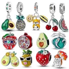 Original S925 prata frisado morango cereja abacate contas adequadas para 3MM pulseira DIY feminino jóias presente