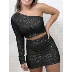 Conjunto paetê manga única com forro em suplex brilho lantejoulas festa balada casual elegante cropped e saia curta mini