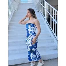 Vestido Longo Feminino Blogueira Tomara que Caia Estampado Tropical Praia Primavera Verão Natal