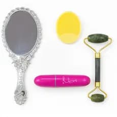Kit Beleza Facial - Espelho Vintage, Massageador Jade, Escova de Limpeza e Mini Massageador Elétrico