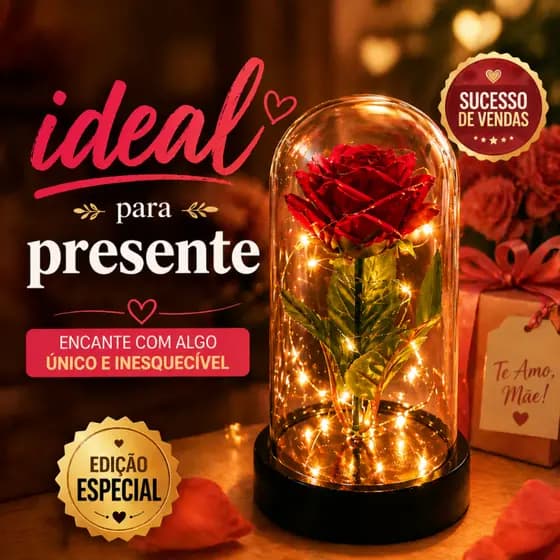 Rosa Encantada com Luz LED Flor Eterna Decorativa em Cúpula de Acrílico presente Dia das Maes Namorados Aniversario
