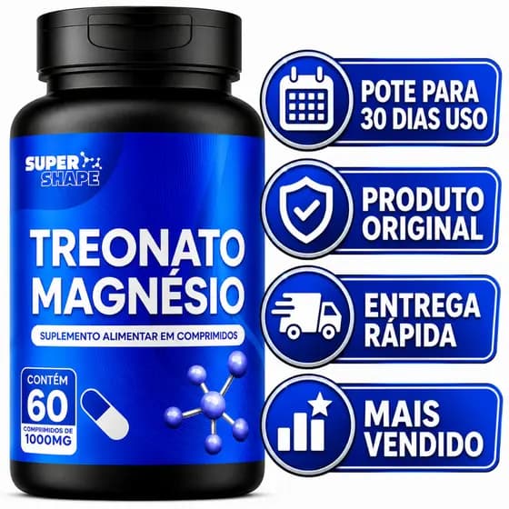 Treonato de Magnésio Original 1000 mg com Treonina 60 Comprimidos - POTE PARA 30 DIAS USO