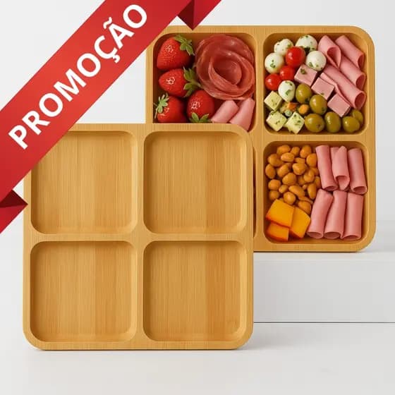 Petisqueira Bambu Bandeja Petiscos com 04 Divisórias 30 CM X 30 CM - ENVIO IMEDIATO