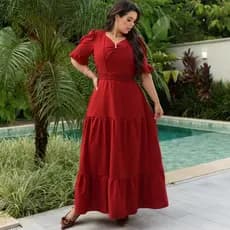 Vestido Longo Feminino Crepe Larissa: Marias, Decote, Princesa, Botões Madrepérolas Moda Evangélica