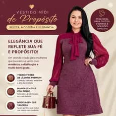 Vestido Midi Evangélico Feminino Tweed Lãzinha Manga Tule Elegante Moda Cristã Premium