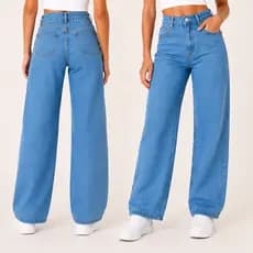 Calça Jeans Feminina Wide Leg Juvenil 100% Algodão Cintura Alta Lavagem Clara Tam 10 ao 16