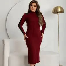 Vestido Midi Canelado Manga Longa Gola Alta Feminino Inverno Elegante Justo Moda Evangélica