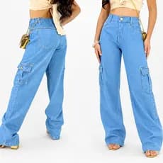 Calça Jeans Cargo Feminina Juvenil Wide Leg Preta Cintura Alta com Bolsos Laterais