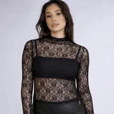 Cropped Feminino Renda Manga Longa Preto Sem Bojo Transparente Casual Festa Verão Elegante