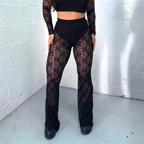 Calça Flare De Renda Transparente Feminina De Cintura Alta