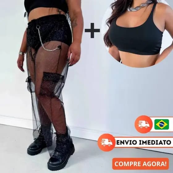Conjunto Feminino Tule Brilhante Cropped Calça Cargo Transparente Festa Balada Verão