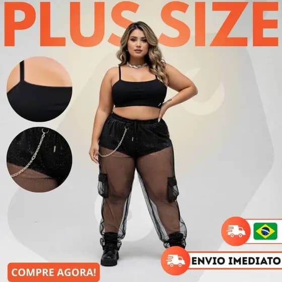 Conjunto Plus Size Feminino Cropped Alcinha Calça Cargo Brilhante Festa Balada Verão