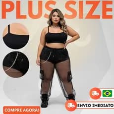 Conjunto Plus Size Feminino Cropped Alcinha Calça Cargo Brilhante Festa Balada Verão