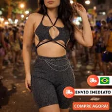 Bermuda Biker Feminina Lurex Brilhante Ajustável K-Pop Dance Idol Festa Balada Verão