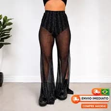 Calça Pantalona Tule Transparente Preta com Brilho e Fenda Dupla – Moda Festa
