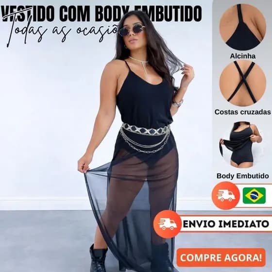 Vestido Longo Feminino Tule Body Integrado Preto Festa Formatura Casamento Elegante