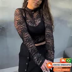 Blusa em Renda Gola Alta Manga Longa Transparente Feminina para Festa Noite Balada