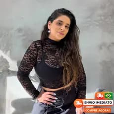 Cropped Top Rendado Manga Longa com Gola Alta Transparente Preto