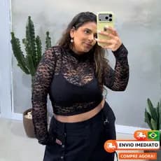 Cropped Preto Renda Floral Manga Longa Transparente Festival