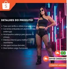 Calça Wide Leg Cargo Feminina Tule Transparente Cintura Alta Streetwear Balada Festa Verão