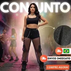 Conjunto Feminino Tule Brilhante Cropped Calça Cargo Wide Leg Transparente Balada Festa