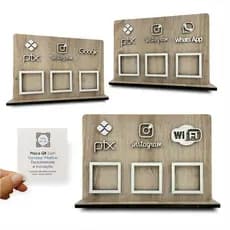 Placa 3 Qr Display Balcão Madeira Clara Pix Insta Whats WiFi