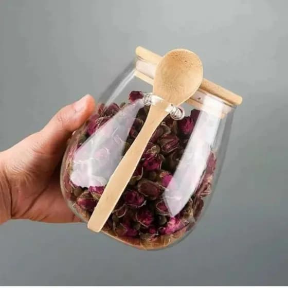 Pote De Vidro Oval com Tampa e Colher de Bambu Hermético - 950ml