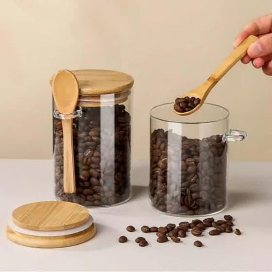Pote de Vidro Redondo com Tampa de Bambu Hermético e Colher