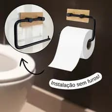 Suporte Porta Papel Higiênico Parede Adesivo Preto Bambu