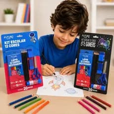 Kit Escolar 20 Peças Completo Lápis de Cor 12 Cores Tesoura Borracha Apontador Volta as Aulas Material