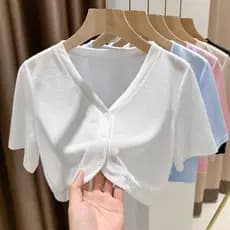 Cardigan De Malha De Seda Gelo De Verão Feminino Blusa De Manga Curta Jaqueta Fina