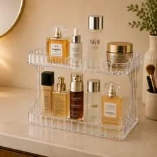 Organizador de Maquiagem Prateleira 2 Andares Premium – Porta Cosméticos Transparente/Preto Bancada Elegante Funcional